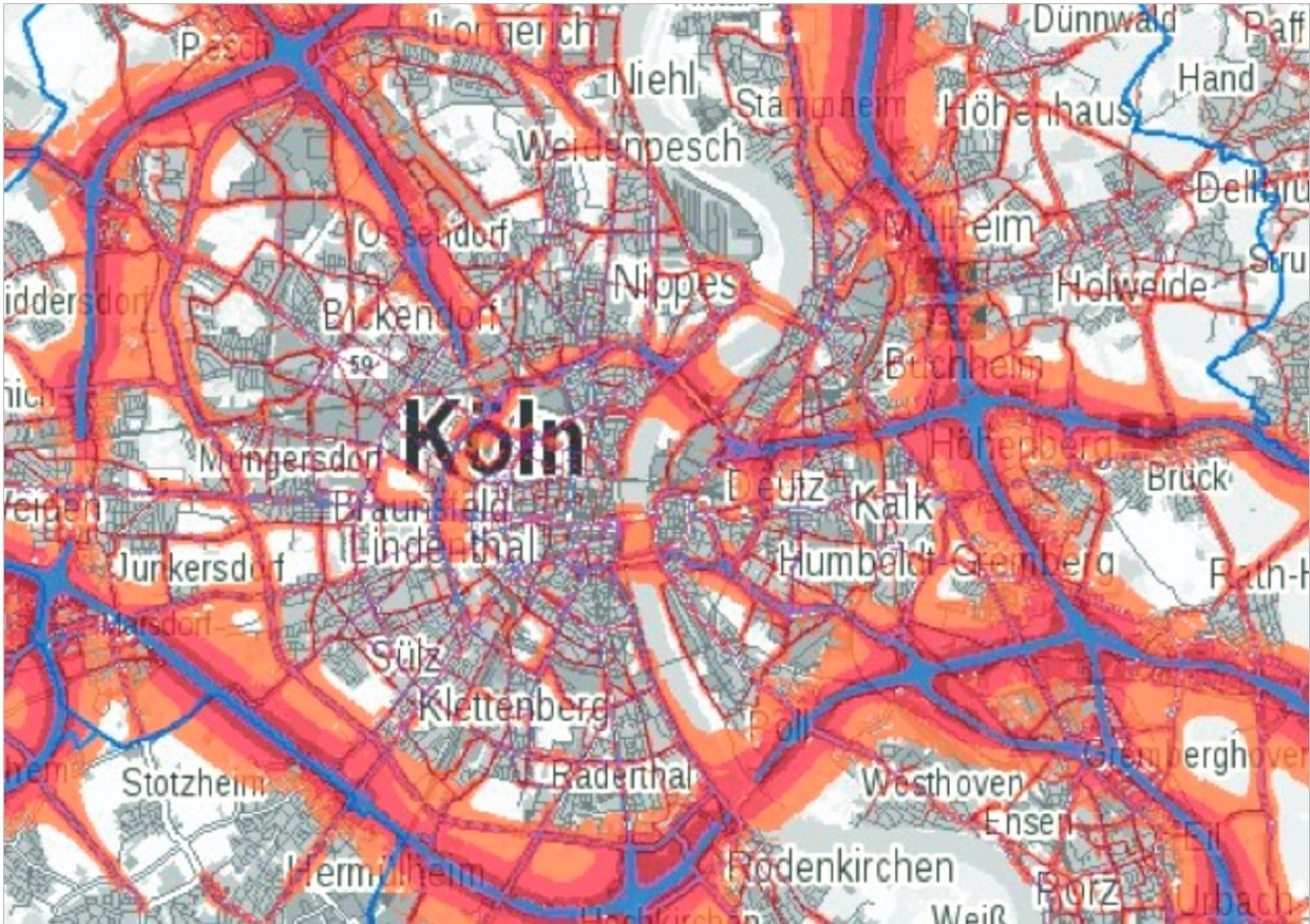 Eine Karte von Köln mit verschieden Markierungen für Lärmbemessungen